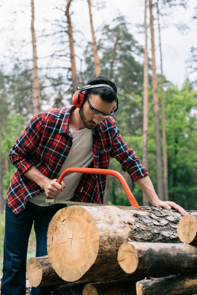 concentrated lumberjack in noise-canceling headphones cutting log with bowsaw in forest - Photo, Image