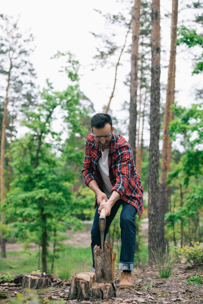 lumberman in denim jeans and plaid shirt cutting wood with ax in forest - Photo, Image