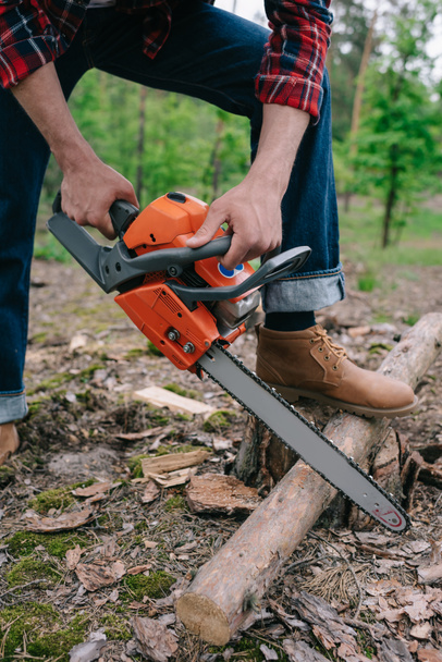 cropped view of lumberjack cutting tree trunk with chainsaw in forest - 写真・画像