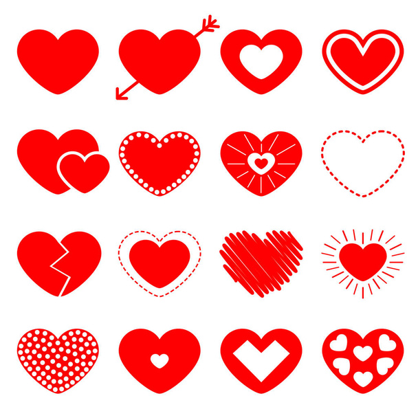 Red heart big icon set. Happy Valentines day sign symbol template. Different shape. Arrow, dash line. Paper and scribble line effect. Flat design. Love greeting card. Isolated White background. - Vector, imagen