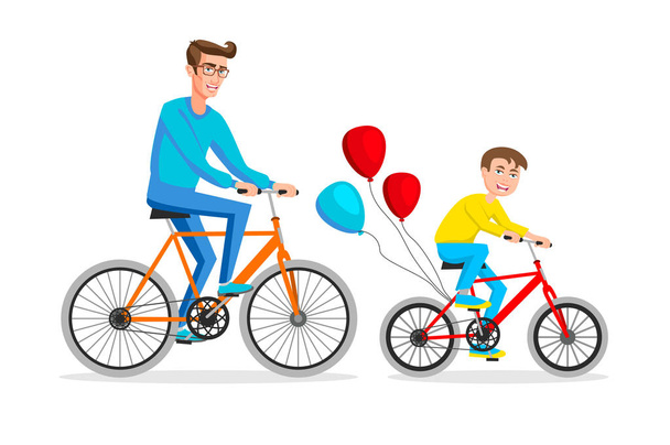 Active holidays. Father and son are riding bikes. Vector illustration of a flat design - Vector, Image