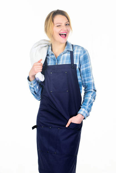 Cooking meat at low temperature for long time outdoors. Cooking meat in park. Barbecue master. Woman checkered shirt and apron for cooking white background. Picnic and barbecue. Grilling food - Fotografie, Obrázek