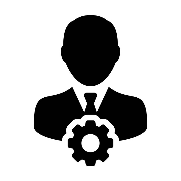 Worker icon vector male person profile avatar with gear cogwheel for settings and configuration in flat color glyph pictogram illustration - Vector, Image