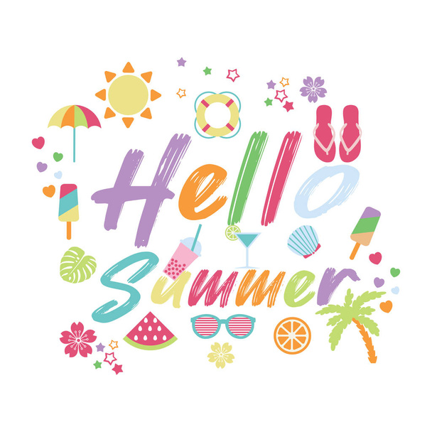 hello summer water color with cute icon - Вектор, зображення