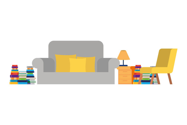 obývací pokoj s pohovkou a stohu knih - Vektor, obrázek
