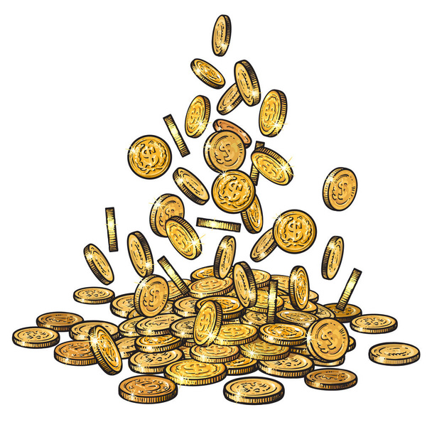 Sketch of gold coins falling in different positions, pile of cash, a lot of money. Hand drawn vector illustration on white background. - Vecteur, image