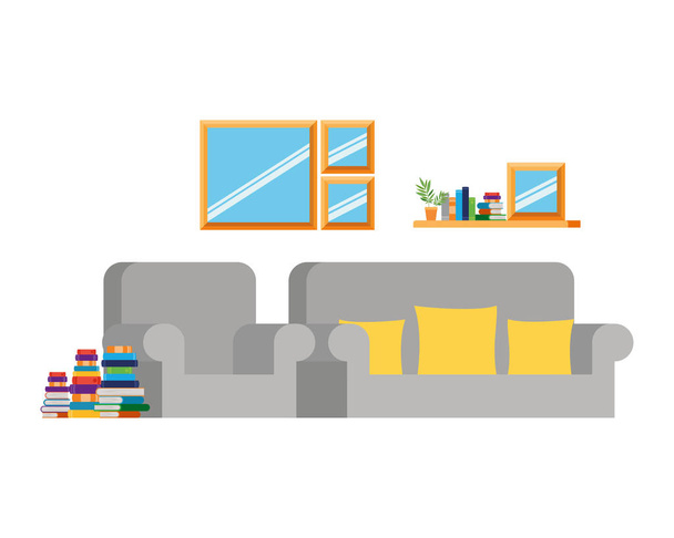 гостиная с диваном и стопкой книг
 - Вектор,изображение