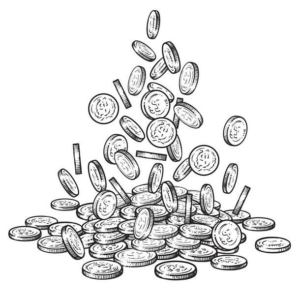 Sketch of falling coins in different positions, big pile of cash, a lot of money. Black and white hand drawn vector illustration on white - Vektori, kuva