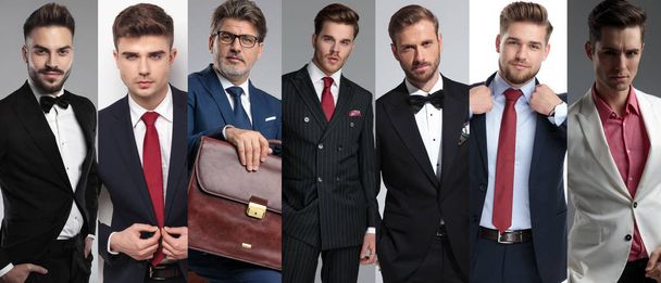 Collage-Bild von sieben eleganten Männern in Anzügen - Foto, Bild