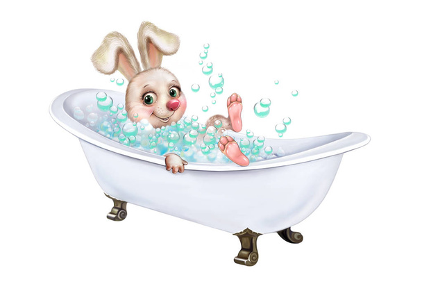 Bunny washing in bath, hare in soapy foam, cartoon animal in bathroom, bunny and soap bubbles, isolated character on white background - Photo, Image