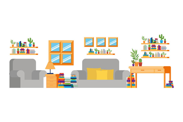 living room with desk and books - Vector, Image