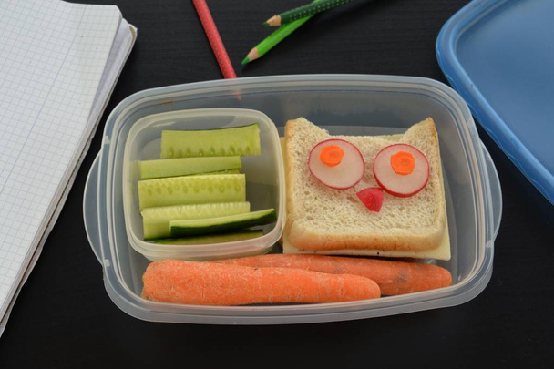 A break bread box full of vegetables and an owls toast - Photo, Image