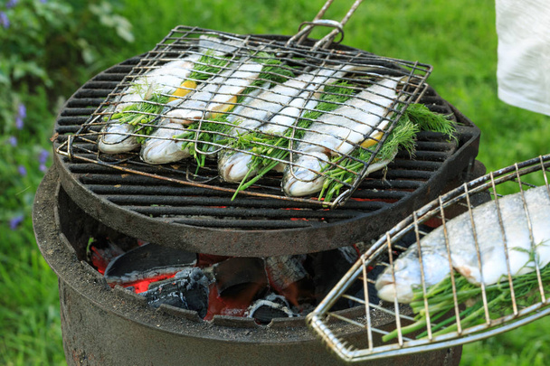 Grilling fish on campfire. The process of grilling trout - Photo, Image