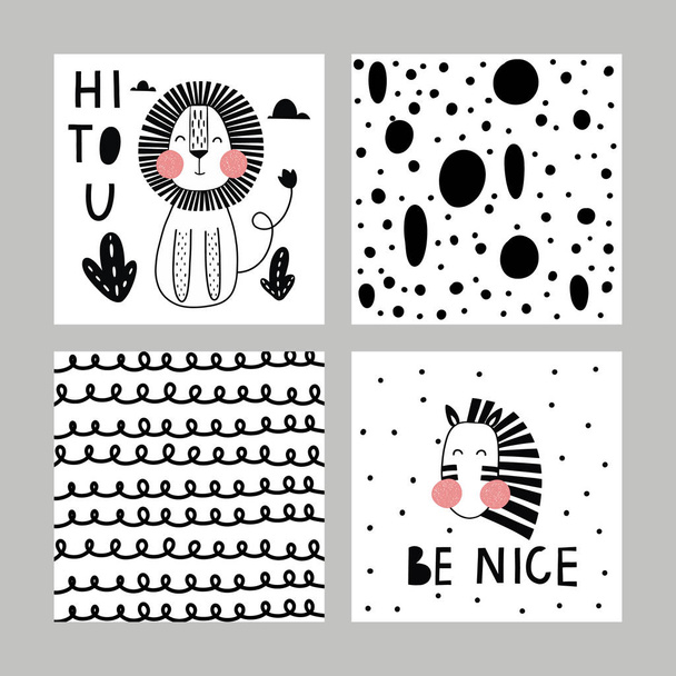 Set of cute card including lion, zebra and  abstract Scandinavian patterns. Vector illustrations for invitations, greeting cards, posters - Vector, Image