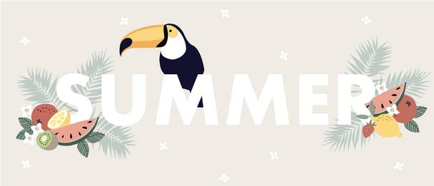 Cute Summer web banner with toucan bird, exotic fruit, flowers and palm leaves. Seasonal greeting card, invitation. Floral background. Vector illustration, flat design. - Vector, Image