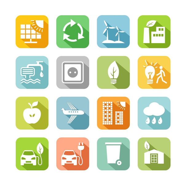 Eco-friendly technology, icons, color, with shadow, set, vector. Environmentally friendly production of electricity, fuel and food. Future technology. Icon set. White pictures on a colored field with a shadow.  - Vector, Image