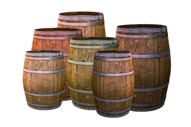 ryhmä tammitynnyriä ruskea metallirenkailla perinteinen tapa pitää viiniä viski valkoisella pohjalla
 - Valokuva, kuva