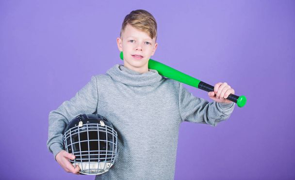Baseball bat and helmet. Success. Gym workout of teen boy. Sport game. tools for baseball kid. Fitness diet brings health and energy. Happy child sportsman. baseball kid is ready to play - Foto, afbeelding