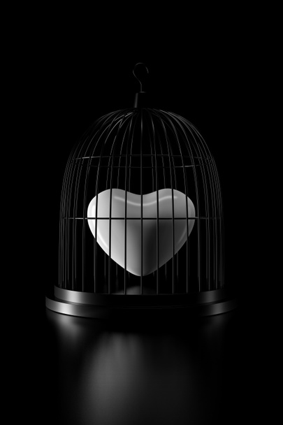 Heart in bird cage. 3D rendering. - Photo, Image