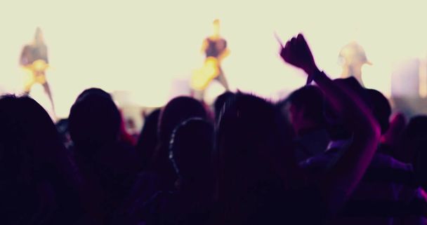 silhuetas de multidão de concerto na visão traseira de rais de multidão de festival
 - Foto, Imagem