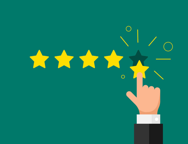 Online feedback reputatie kwaliteit Customer Review concept platte stijl. Zakenman hand vinger wijzend vijf Goldstar rating op groene achtergrond. Vector illustratie - Vector, afbeelding