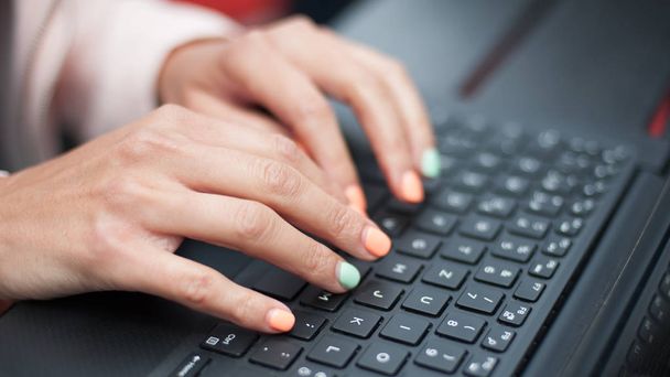 Close up of woman hand, blogger freelancer with computer laptop - Foto, Imagem