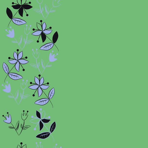 Patrón sin costuras con motivo floral vertical, garabatos, hojas, ramas, flores, estambres, espacio de copia. Ilustración vectorial
 - Vector, Imagen