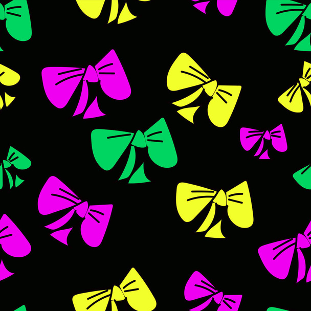 Cute seamless pattern with hand-drawn colorful bows on black isolated background. illustration of Doodle. Fabric design, Wallpaper, packaging - Photo, Image