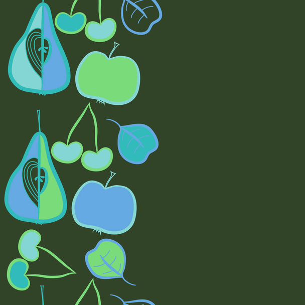 Vertical motif, doodles, fruits, cherries, pears,leaves,grains,apples, seamless, copy space. Vector illustration - Vektori, kuva