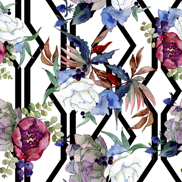Csokor virágos botanikus virágok. Akvarell háttér illusztráció meg. háttér-mintázat. - Fotó, kép
