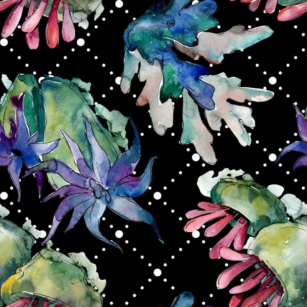 Colorful aquatic underwater nature coral reef. Watercolor illustration set. Seamless background pattern. - Фото, изображение