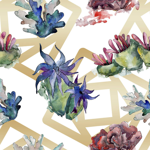Colorful aquatic underwater nature coral reef. Watercolor illustration set. Seamless background pattern. - Zdjęcie, obraz