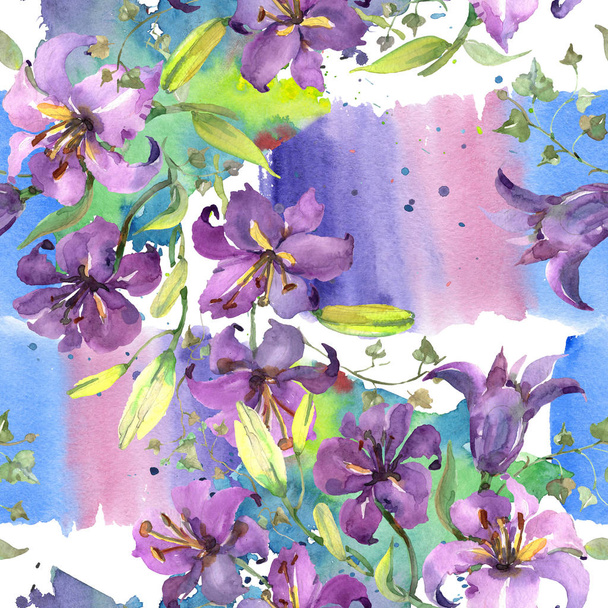 Purple lily bouquet floral botanical flowers. Watercolor background illustration set. Seamless background pattern. - Foto, Imagen
