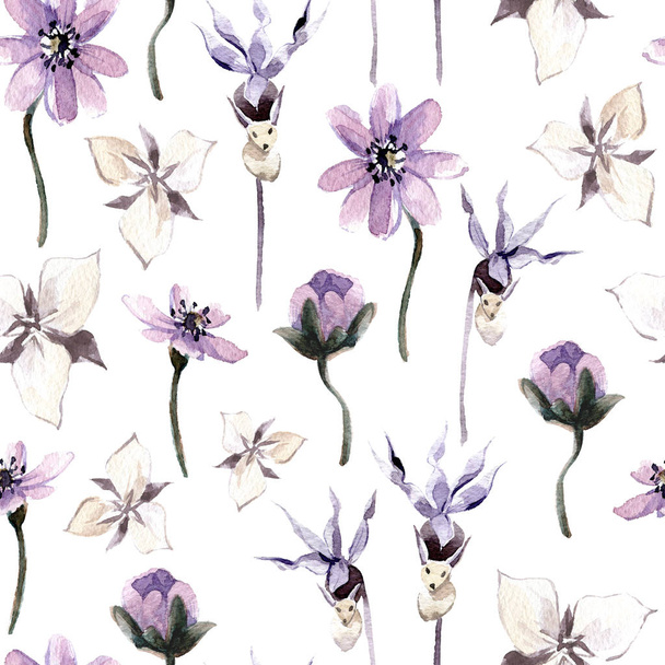 Watercolor seamless pattern with flowers. Dark mystical colors - 写真・画像