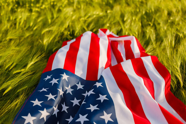 Γυναίκα που κρατά αμερικάνικη σημαία στο χωράφι με το σιτάρι. Πατριώτες της Αμερικής. Κορίτσι γιορτάζει την 4ο Ιουλίου. - Φωτογραφία, εικόνα
