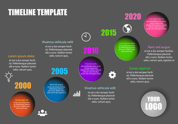 Infograficzna oś czasu informacyjna o linii Milestone z okręgami kolorów, ikonami i tekstem-wektor - Wektor, obraz