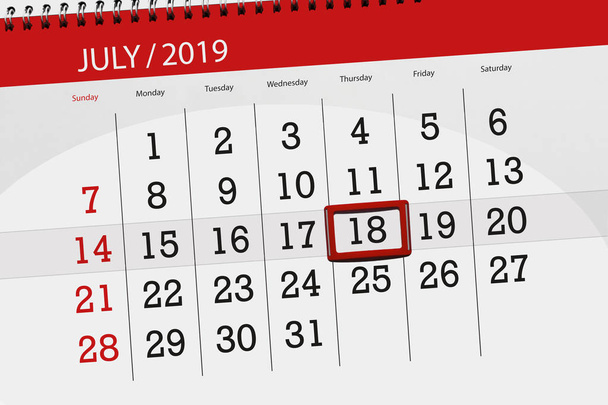 Terminarz kalendarza na miesiąc 2019 lipca, dzień ostateczny, 18 czw - Zdjęcie, obraz