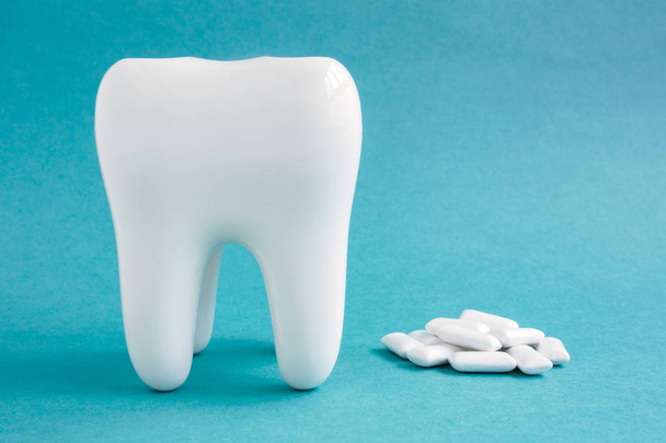 White healthy tooth model and heap of chewing gums on blue background. Concept of oral dental hygiene - Photo, Image