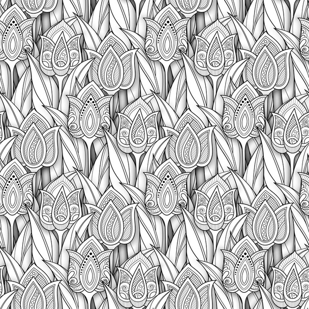 Monochrome Seamless Pattern with Tulips, Floral Motifs. Batik, Paisley Garden Style. Coloring Book Page. Vector 3d Contour Illustration.  - Vektor, obrázek