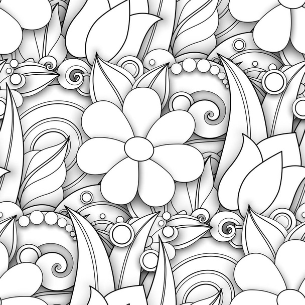 Monochrome Seamless Pattern with Floral Motifs. Endless Texture with Flowers and Leaves in Doodle Line Style - Vektör, Görsel