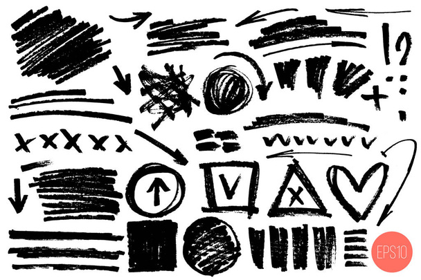 ベクターの手描きのデザイン要素。矢印、落書き、疑問符、感嘆符、ストローク、塗りつぶされた円などの芸術的な要素のセット。モノクロコレクション. - ベクター画像