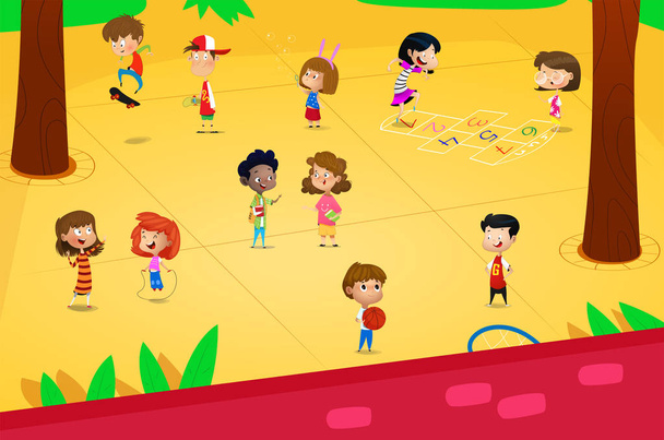 Cartoon-Kinder spielen auf dem Spielplatz. Vektor - Vektor, Bild