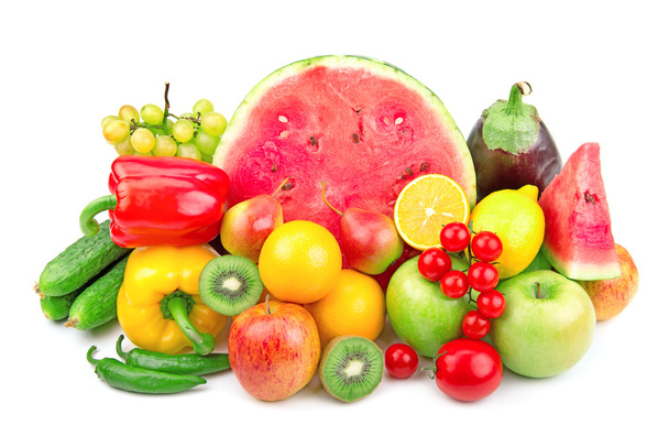 vesimeloni ja erilaisia hedelmiä ja vihanneksia
 - Valokuva, kuva