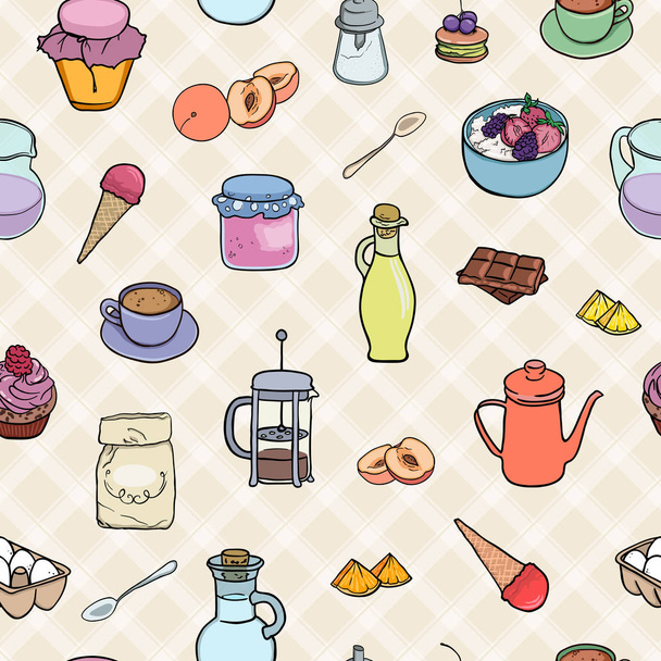 Koken bakkerij, snoep, ontbijt thee en koffie naadloze achtergrond. Vector illustratie lekker eten - Vector, afbeelding