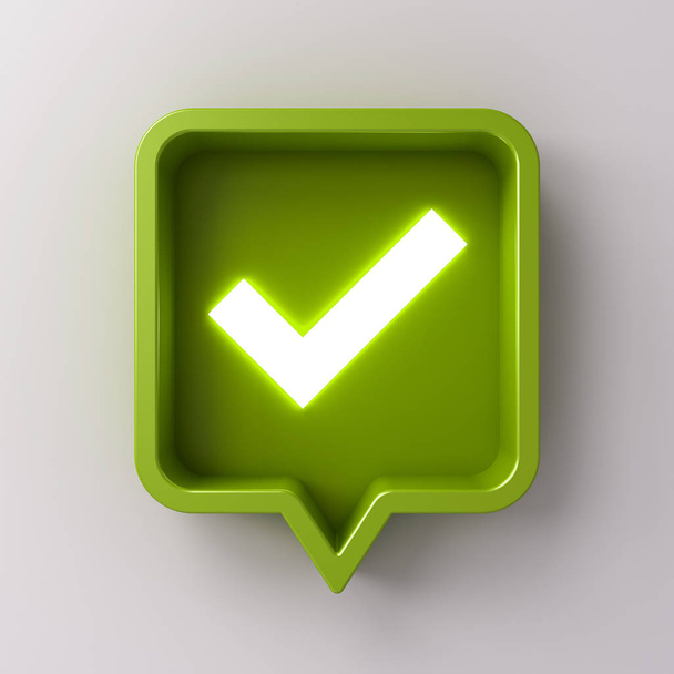 3d notification des médias sociaux néon cocher icône de la lumière en vert broche carrée arrondie isolé sur fond blanc avec ombre rendu 3D
 - Photo, image