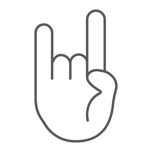 Segno rock and roll icona linea sottile, musica e mano, segno gesto heavy metal, grafica vettoriale, un modello lineare su sfondo bianco
. - Vettoriali, immagini