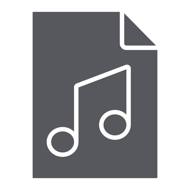 音楽ファイルのグリフアイコン、音楽とサウンド、オーディオファイルの記号、ベクトルグラフィックス、白の背景上の固体パターン. - ベクター画像