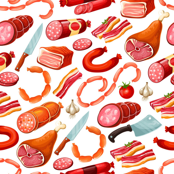 Butchery meat food, butcher sausages pattern - Vector, Image
