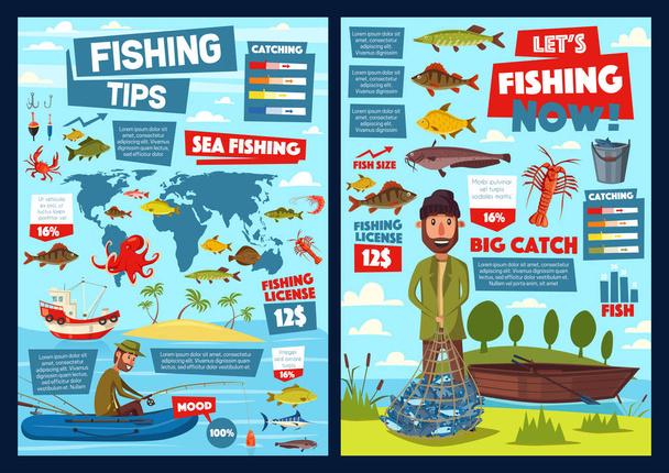 Halászati és halfogási eszközök infographic - Vektor, kép