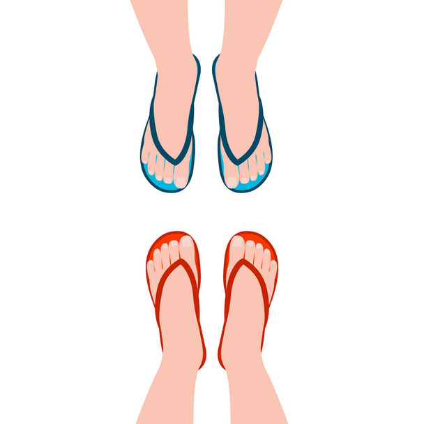 Női lábak nyáron szandál, FLP flop. Emberek csoportja egymással szemben. Cipők, felülnézet. Vektoros illusztráció - Vektor, kép